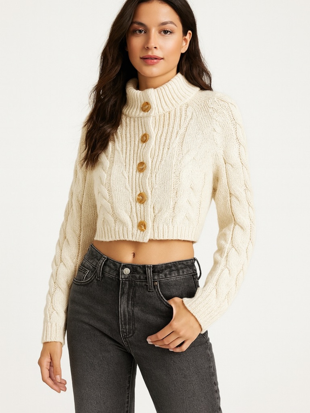 Cropped Cable Knit Button-Front Sweater - Cream